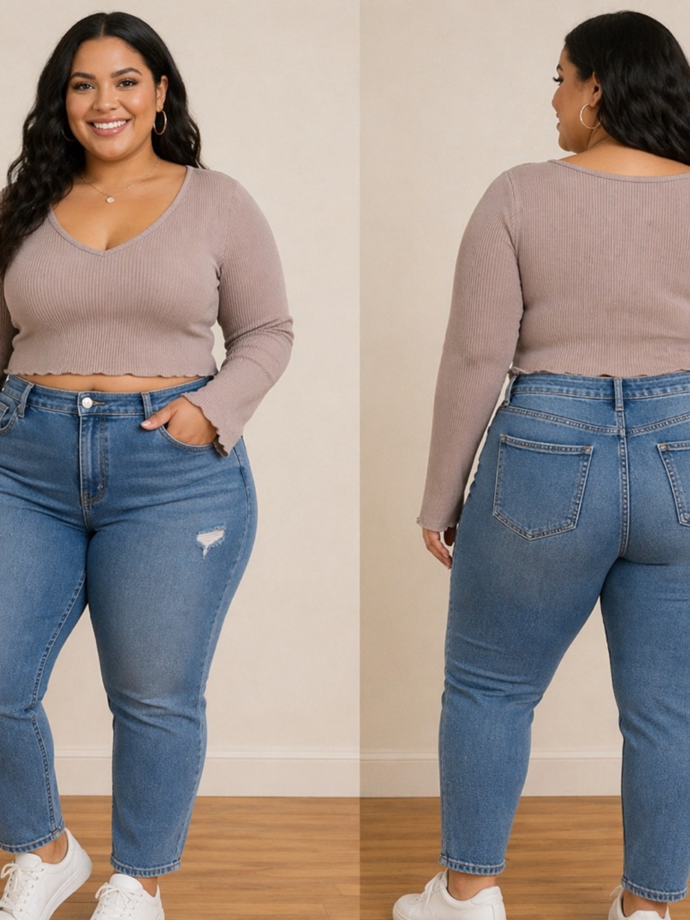Cropped Ribbed V-Neck Top in Taupe